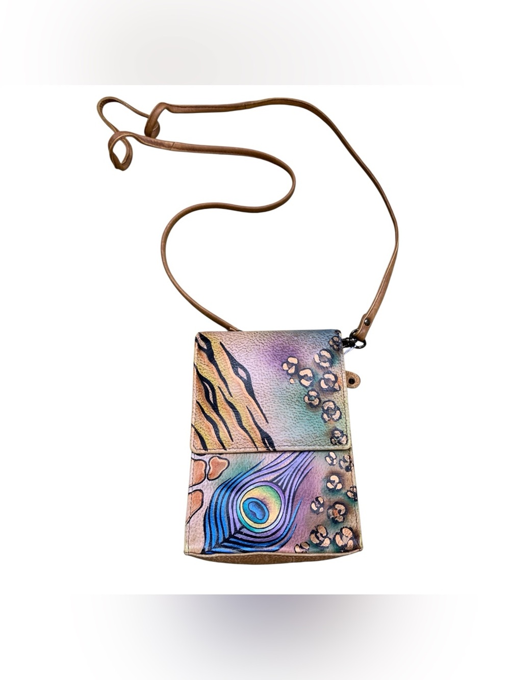 Anuschka Multi-Color Hand-Painted Crossbody with Peacock Motif
